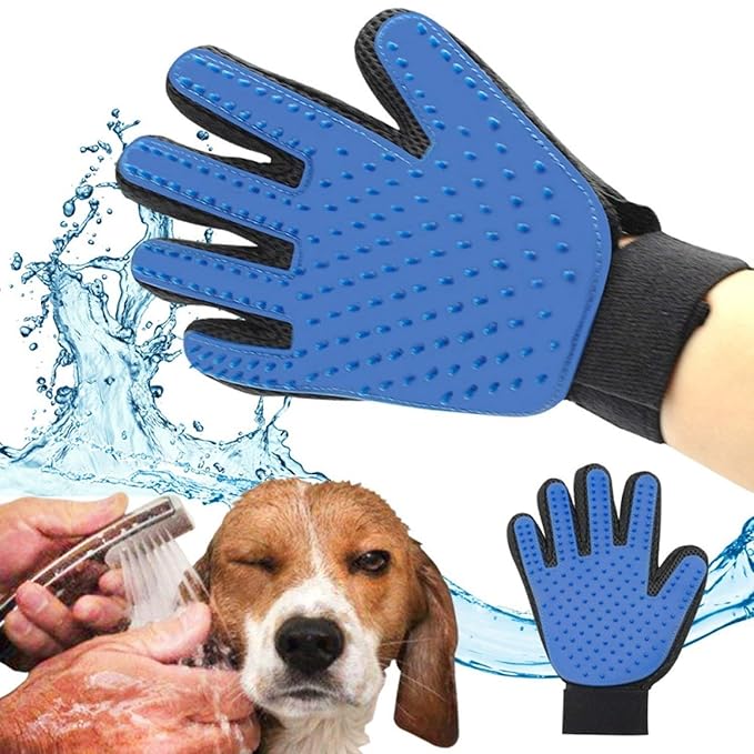 Pet Grooming Gloves - Dog, Cat Bathing Scrubber Gloves - Two-Sided Pet Grooming Pet Hair Remover Gloves - Massage for Cats, Dogs, Rabbit and Small Pets (Blue)