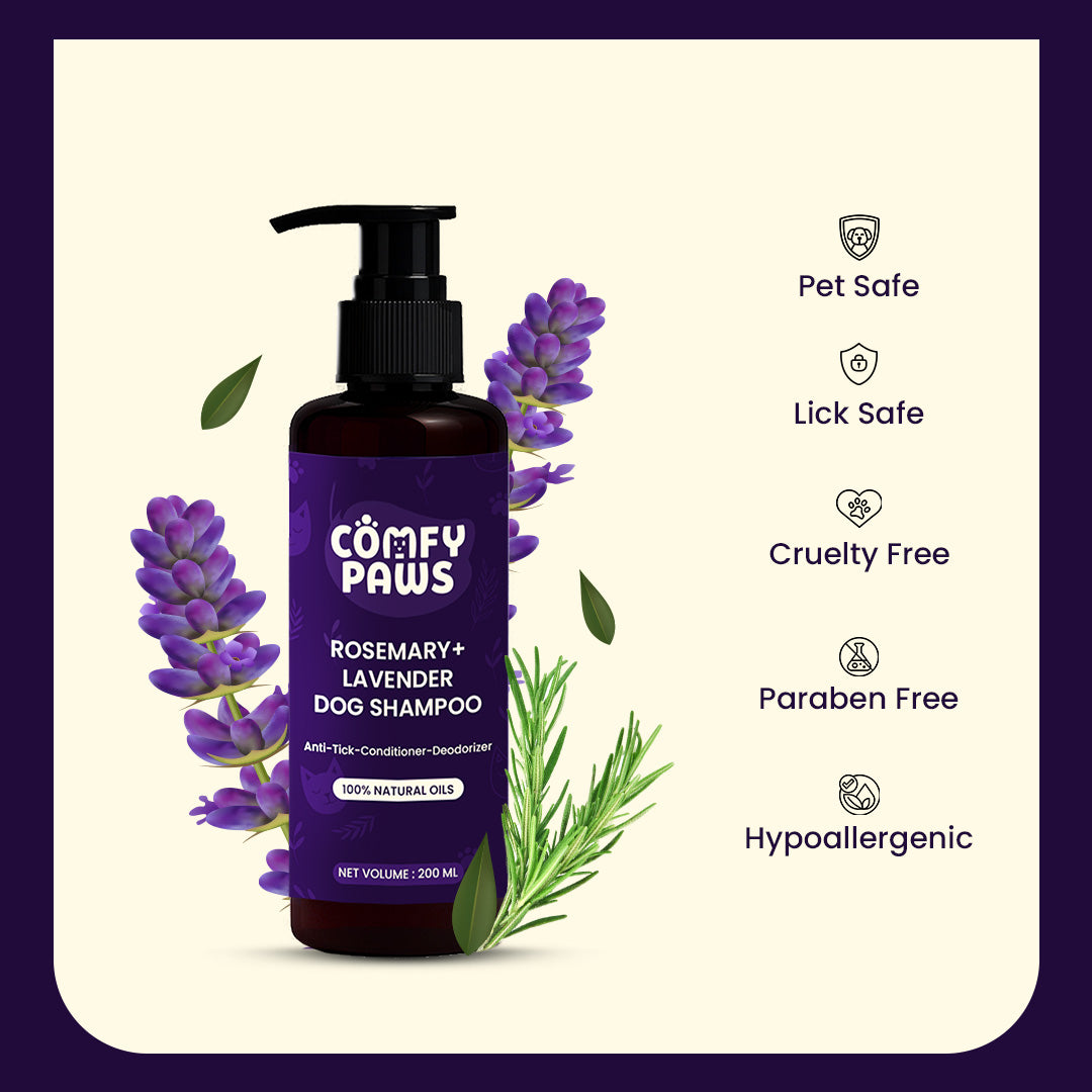 Comfy Paws Dog Shampoo | Anti-Tick & Flea | Natural Rosemary + Lavender | Itch Relief, Deodorizing Clean | Puppy Safe & All Breeds