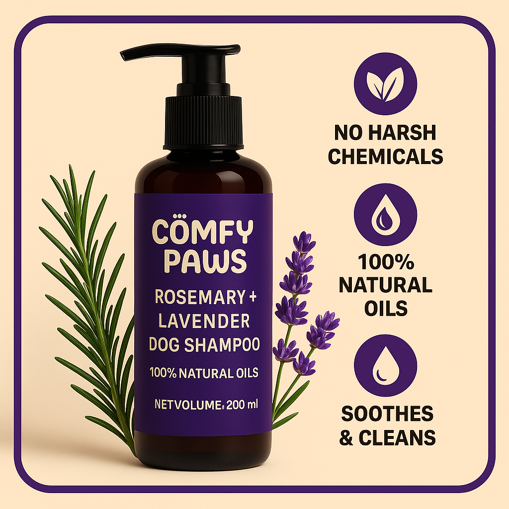 Comfy Paws Dog Shampoo | Anti-Tick & Flea | Natural Rosemary + Lavender | Itch Relief, Deodorizing Clean | Puppy Safe & All Breeds