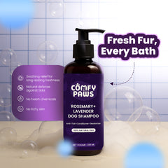 Comfy Paws Dog Shampoo | Anti-Tick & Flea | Natural Rosemary + Lavender | Itch Relief, Deodorizing Clean | Puppy Safe & All Breeds