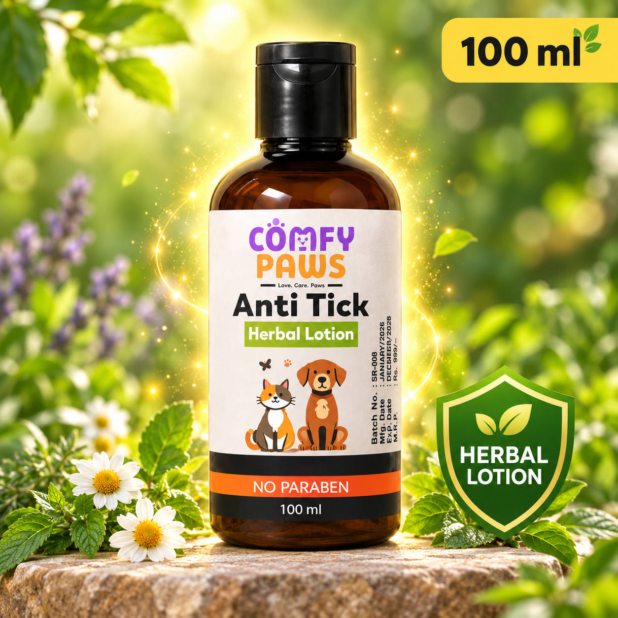 Comfy Paws Anti Tick Herbal Lotion| Effective Tick & Flea Protection | No Parabens | Gentle & Safe Formula | For Dogs & Cats, All Breeds & Ages