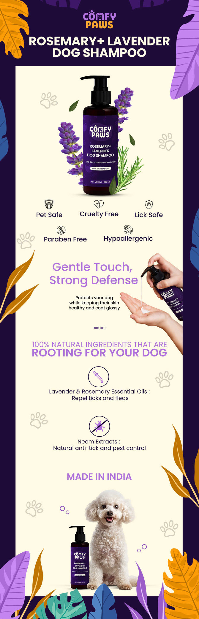 Comfy Paws Dog Shampoo | Anti-Tick & Flea | Natural Rosemary + Lavender | Itch Relief, Deodorizing Clean | Puppy Safe & All Breeds